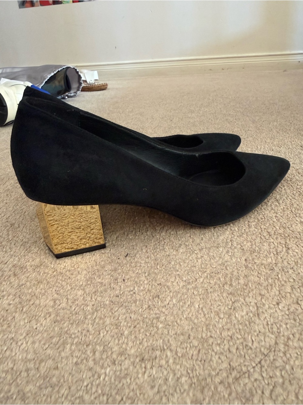 MICHAEL Michael Kors Black Suede Pumps with Gold Block Heel - Picture 2 of 5